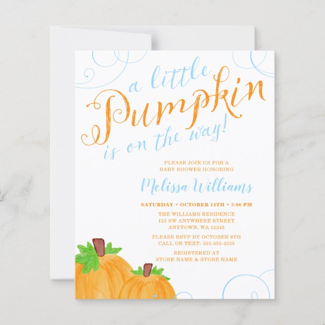Budget Little Pumpkin Fall Blue Boy Baby Shower (Front)