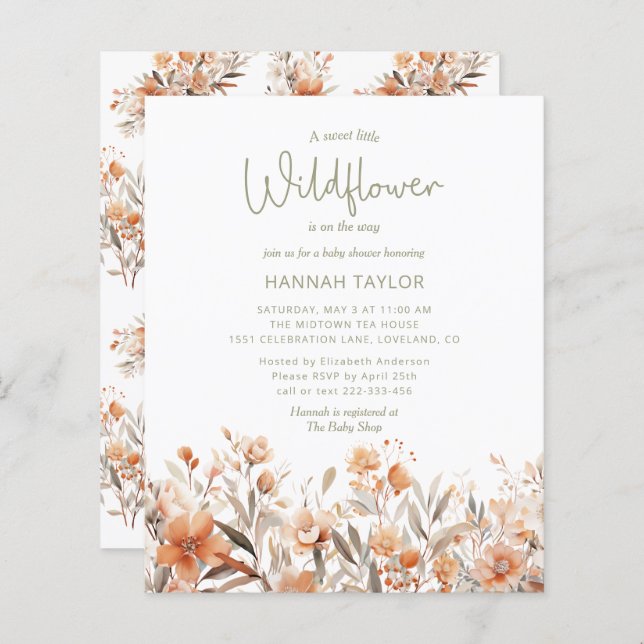 Budget Little Wildflower Boho Baby Shower Invite (Front/Back)