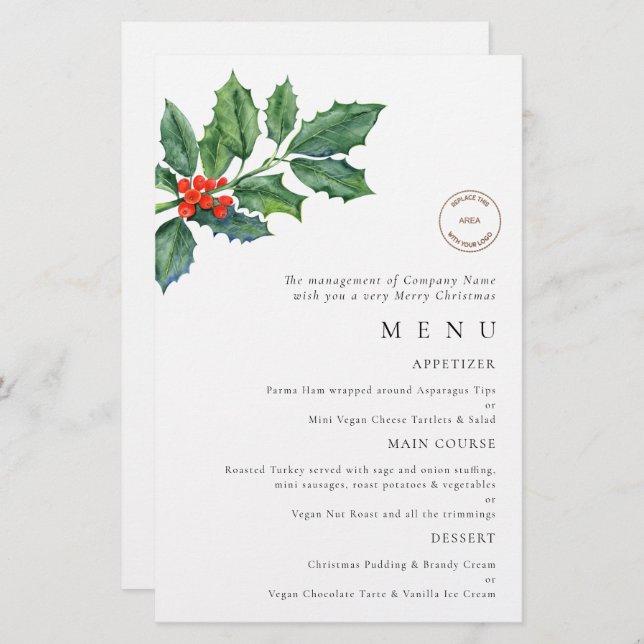 Budget Logo Holly Berries Christmas Party Menu (Front/Back)