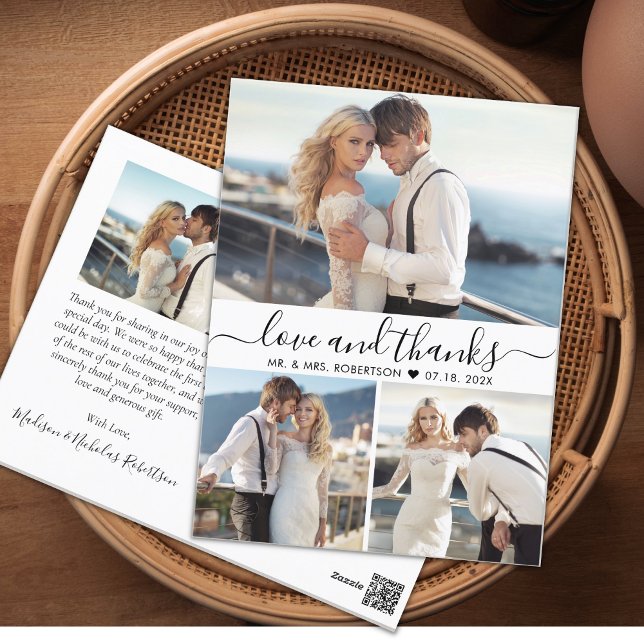 Budget Love and Thanks 3 Photo Wedding Thank You Postcard (Creator Uploaded)