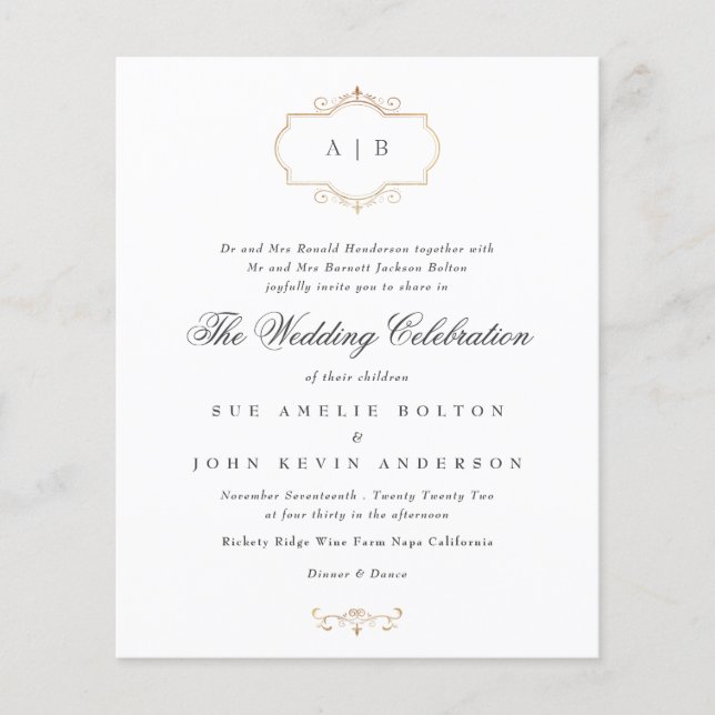 Budget low cost gold monogram wedding Invite (Front)