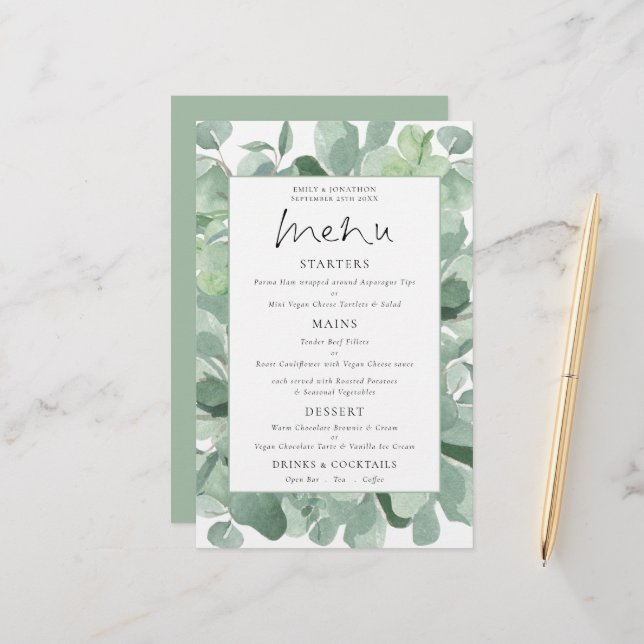 Budget Lush Eucalyptus Frame Wedding Menu (Front/Back In Situ)