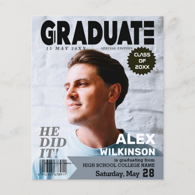 BUDGET Magazine Cover Style Guy Grad Announcement Flyer (Front)