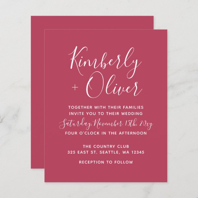 Budget Magenta Modern Script Wedding Invitation (Front/Back)