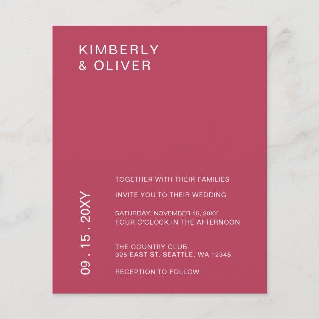 Budget Magenta Modern Wedding  Invitation (Front)