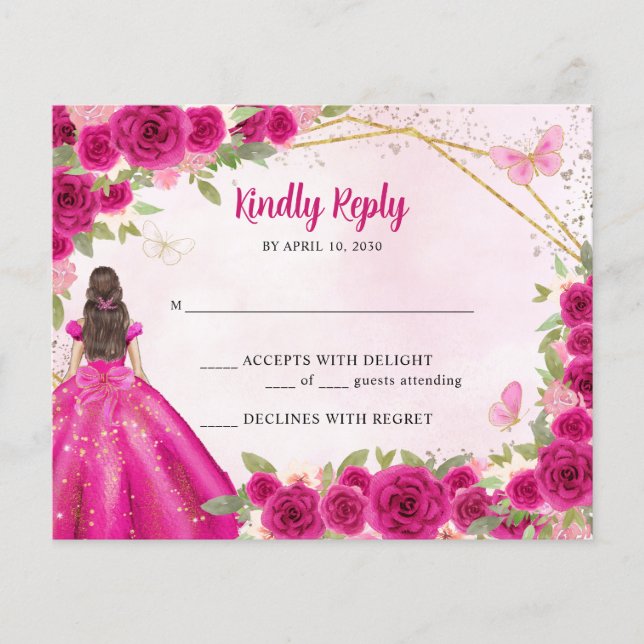 Budget Magenta Pink Gold Floral Princess RSVP (Front)