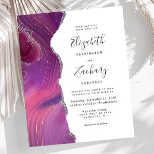 Budget Magenta Silver Agate Wedding Invitation
