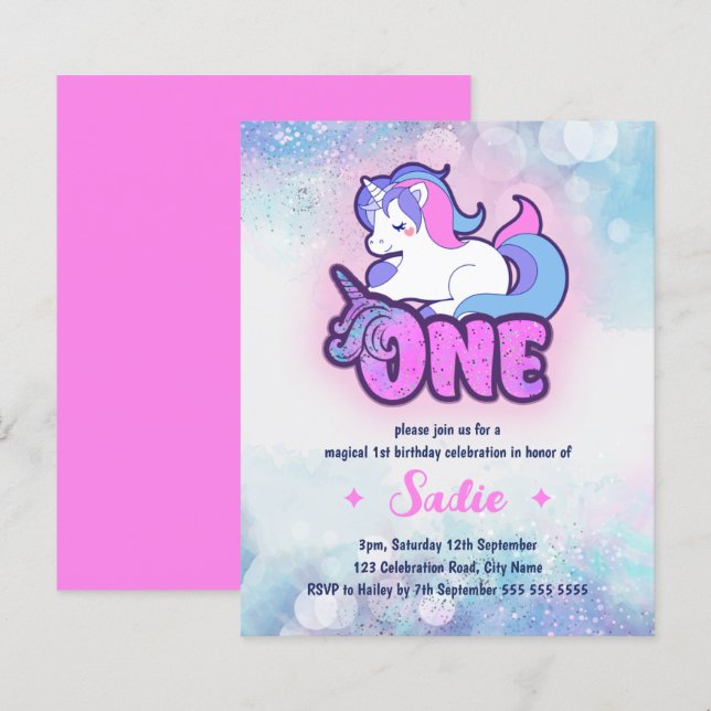 Budget Magical Sparkle Unicorn 1st Birthday Invite (Front/Back)