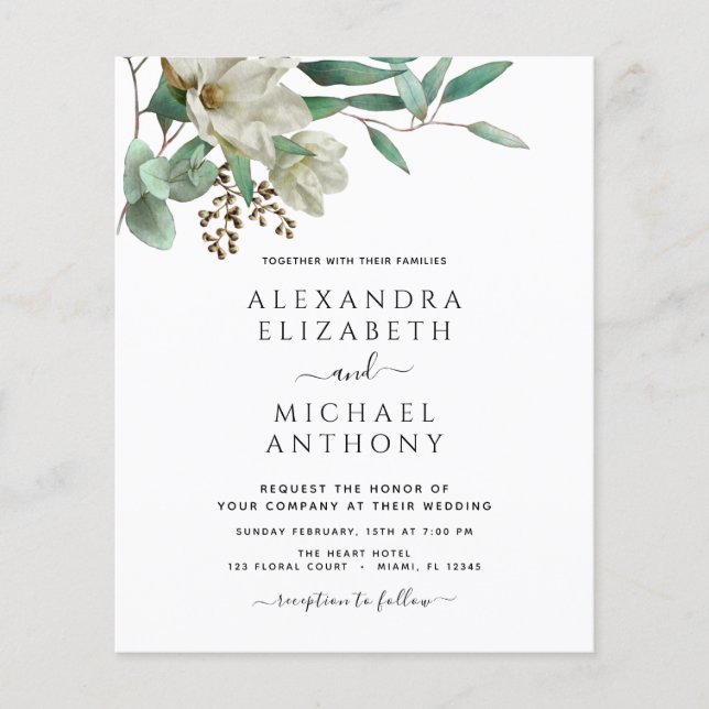 Budget Magnolia Eucalyptus Photo Elegant Wedding Flyer (Front)