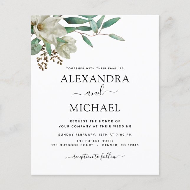 Budget Magnolia Eucalyptus Wedding Invitation Flyer (Front)
