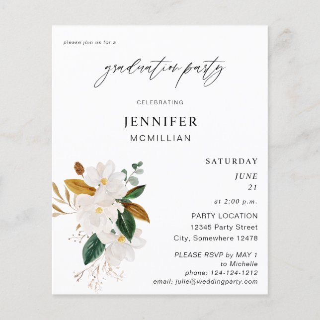 Budget Magnolia White Floral Graduation Party Flyer (Front)