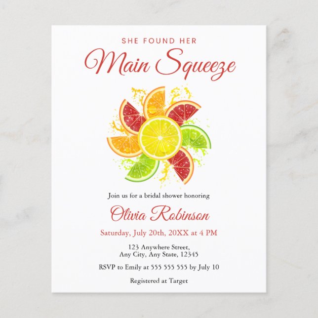 Budget Main Squeeze Lemon Bridal Shower Invitation (Front)