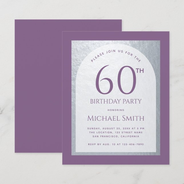 Budget Man Birthday Dusty Purple Silver Invitation (Front/Back)