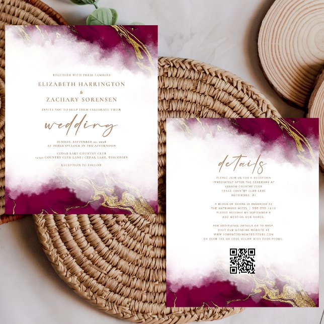 Budget Marble Burgundy Gold QR Code Wedding Invite (Creator Uploaded)