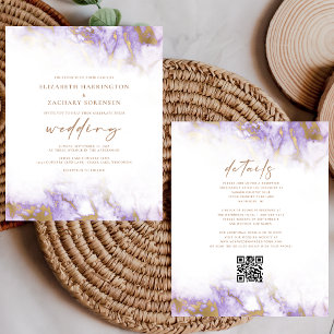 Budget Marble Lavender Gold QR Code Wedding Invite
