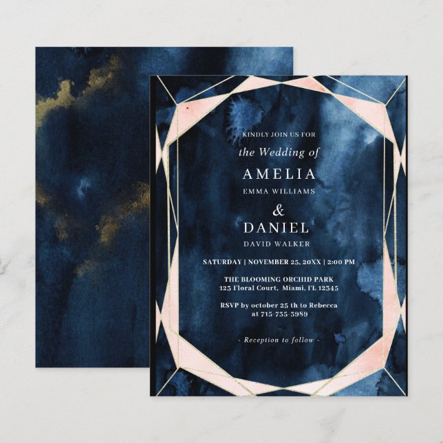 Budget Marble Navy Blue Gold Wedding Invitation (Front/Back)