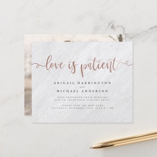 Budget Marble & Rose Gold Script Love Is Patient (Front/Back In Situ)
