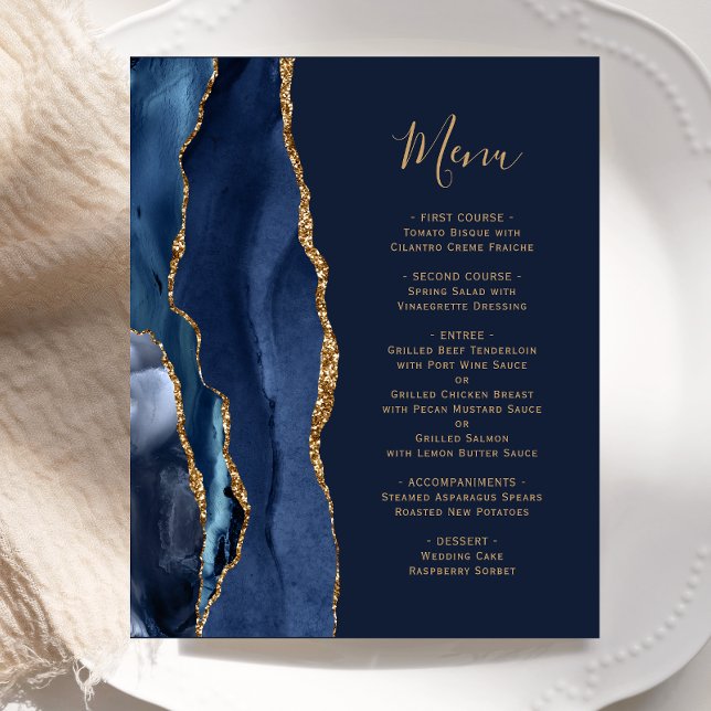 Budget Marine Blue Gold Agate Mariage Menu (Créateur téléchargé)