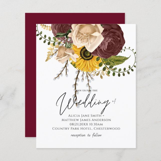 BUDGET Marsala Roses Sunflowers Wedding Invite (Front/Back)