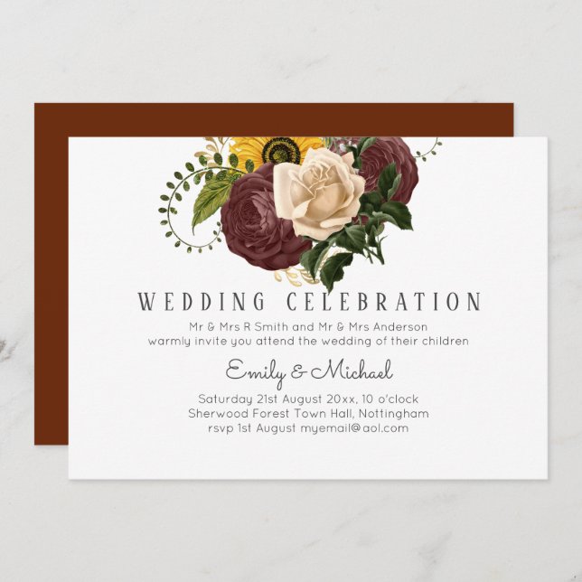 BUDGET Marsala Roses Sunflowers Wedding Invite (Front/Back)