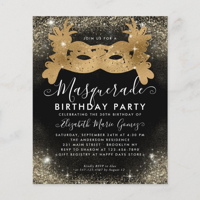 Budget Masquerade Black Gold Glam Glitter Birthday (Front)