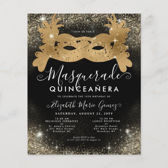 Budget Masquerade Black Gold Glitter Quinceanera (Front)