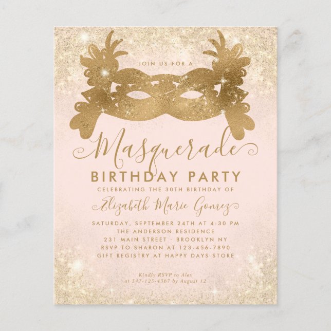 Budget Masquerade Blush Pink Gold Glitter Birthday (Front)
