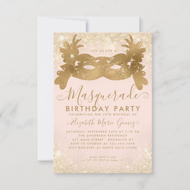 Budget Masquerade Blush Pink Gold Glitter Birthday Card (Front)
