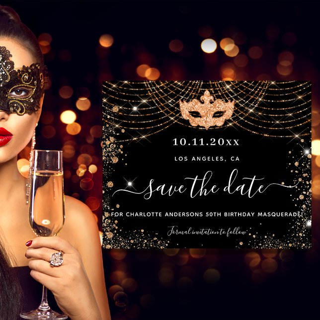 Budget masquerade party black gold save the date (Creator Uploaded)