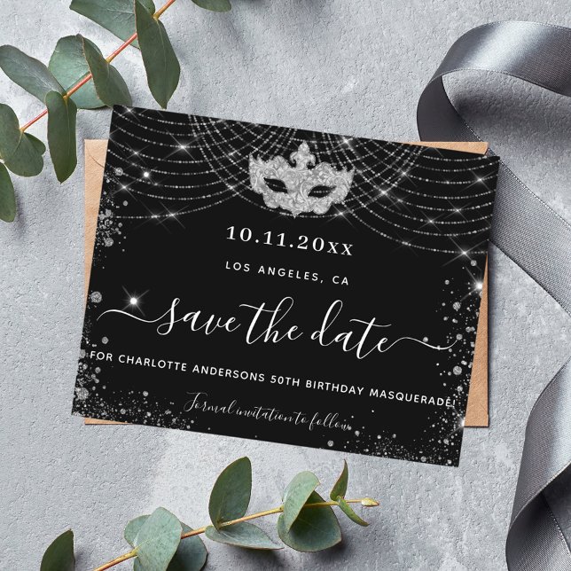 Budget masquerade party black silver save the date (Creator Uploaded)