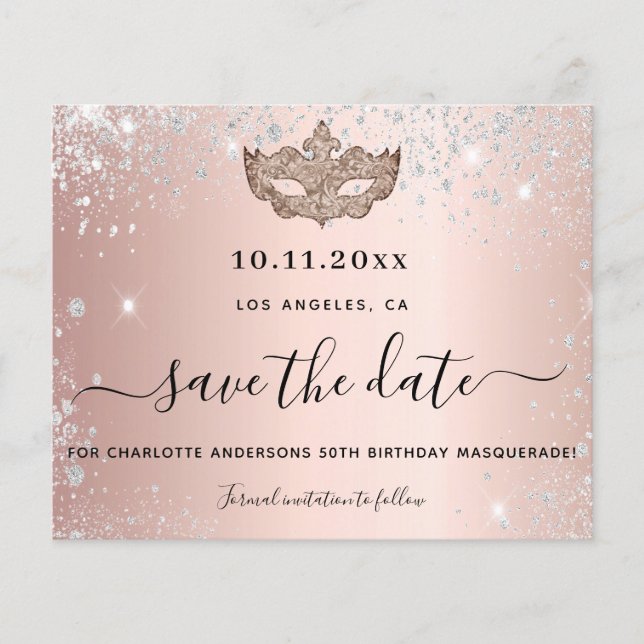Budget masquerade party rose gold save the date (Front)