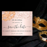 Budget masquerade party rose gold save the date<br><div class="desc">A Save the Date card for a 50th (or any age) birthday masquerade party. A rose gold metallic looking background decorated with faux glitter dust and a masquerade mask. Personalize and add a date and name/age. The text: Save the Date is written with a large trendy hand lettered style script...</div>