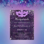 Budget masquerade purple silver glitter Sweet 16<br><div class="desc">For an elegant Masquerade,  Sweet 16,  16th birthday.  A purple background color,  the purple color is uneven. Decorated with faux silver glitter dust and a masquerade mask.  Personalize and add a name,  age and party details. The name is written with a hand lettered style script</div>