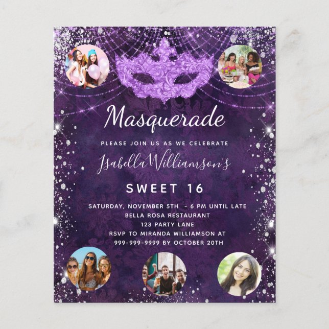 Budget Masquerade purple Sweet 16 invitation (Front)