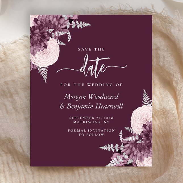 Budget Mauve Silver Floral Save the Date (Creator Uploaded)