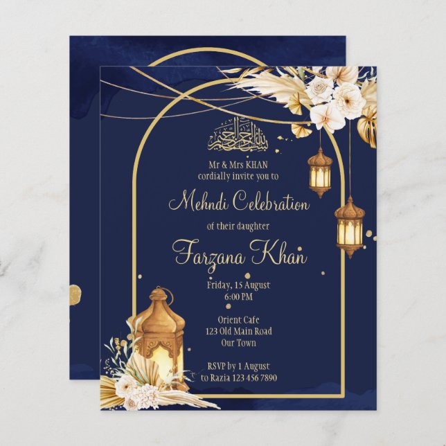 Budget Mehndi invite Arabian lanterns golden arch (Front/Back)
