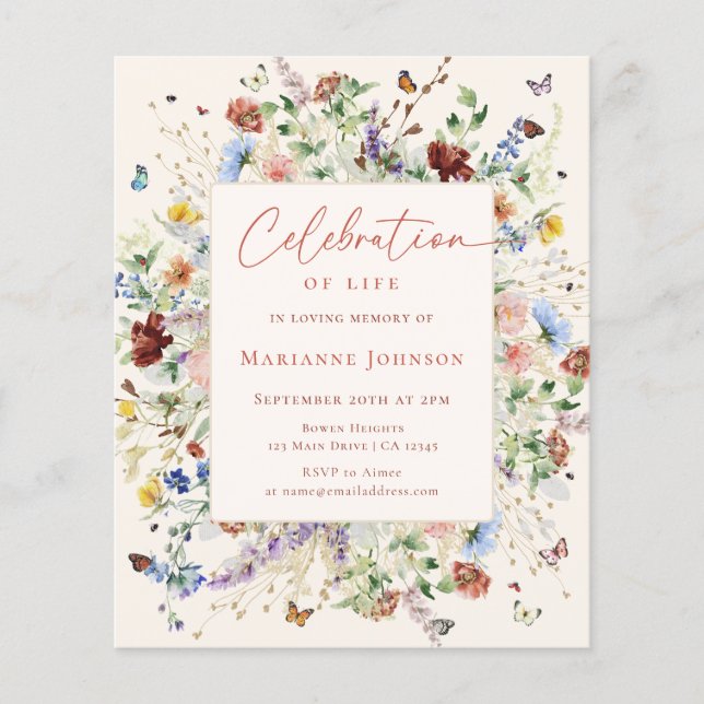Budget Memorial Modern Wildflower Invitation Flyer (Front)