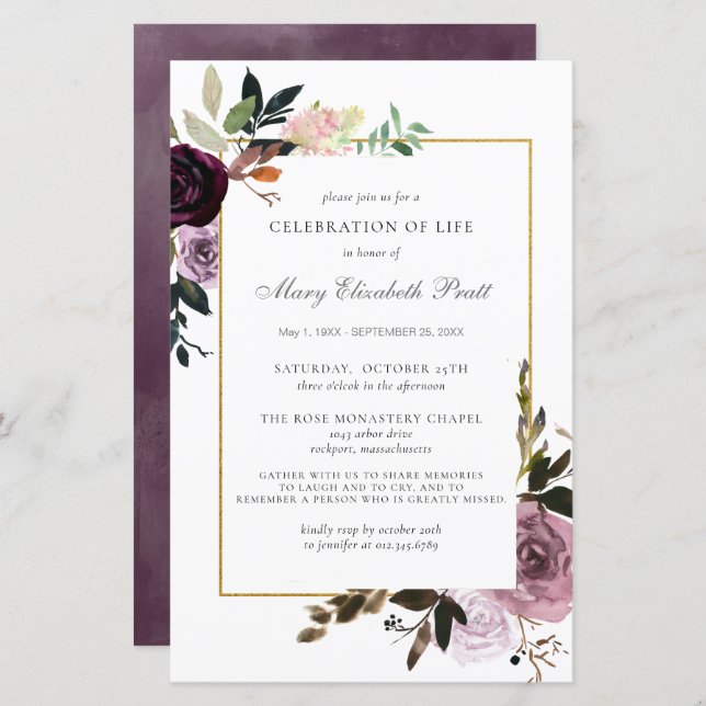 Budget Memorial Service Purple Floral Invitation (Front/Back)