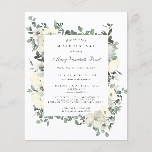 Budget Memorial Service White Floral Invitation (Front)