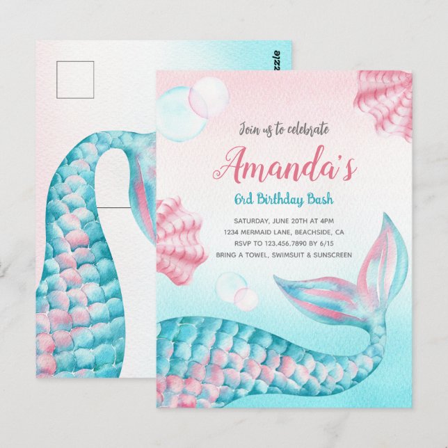 Budget Mermaid watercolor Birthday Invitation Postcard (Front/Back)