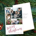 Budget Merry Christmas 6 photo red typography card<br><div class="desc">Rustic modern red handwritten calligraphy Merry Christmas script with six family multi photo collage simple minimal white budget affordable holiday card template with your custom personalized text on both sides. PLEASE READ THE PRODUCT DESCRIPTION ON THE LEFT BEFORE PURCHASING! ENVELOPES ARE OPTIONAL. Double-check all the information and spelling of your...</div>