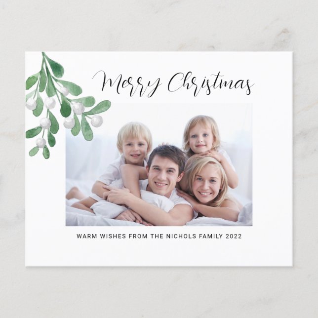 Budget Merry Christmas Greenery Photo Holiday Card (Front)