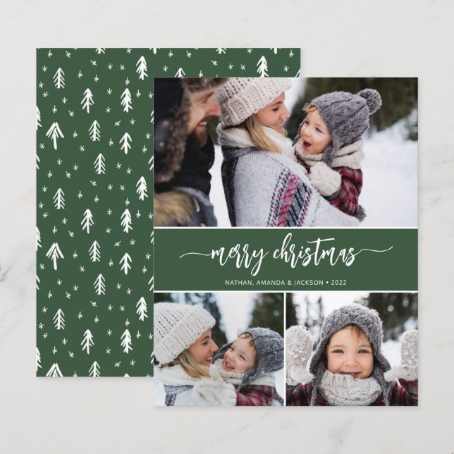 Budget Merry Christmas Modern Three Photos Card (Front/Back)