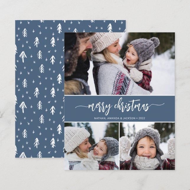 Budget Merry Christmas Modern Three Photos Card (Front/Back)