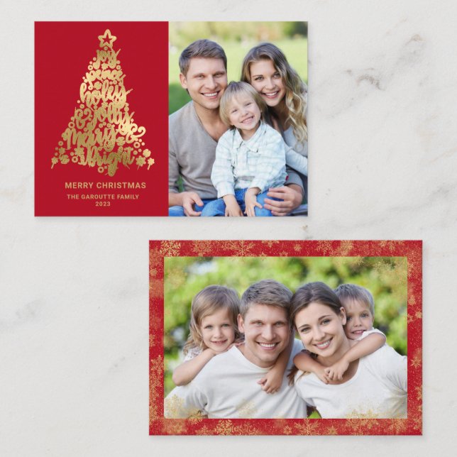 Budget Merry Christmas Red 2 Photo Gold Card (Front/Back)