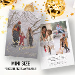 Budget Merry Christmas script photo holiday card<br><div class="desc">Elegant faux gold script overlay 5 custom photo collage family name and text personalized Christmas greetings budget affordable small holiday card.</div>
