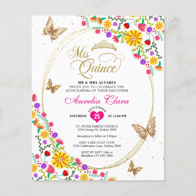 BUDGET Mexican Floral Gold Butterfly Quinceañera (Front)