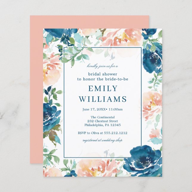 Budget Midnight Blooms Bridal Shower Invitation (Front/Back)