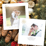 Budget MINI size 2 photos Christmas newlyweds Card<br><div class="desc">Minimalist modern merry and married new Mr and Mrs wedding newlyweds 2 photos personalized simple Christmas MINI SIZED note card template with a trendy handwritten signature style faux gold calligraphy script and a golden snowflake.              Easy to personalize on both sides with your text and pictures.</div>