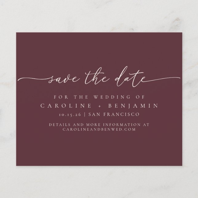 Budget Minimal Burgundy Script Wedding Save Date (Front)